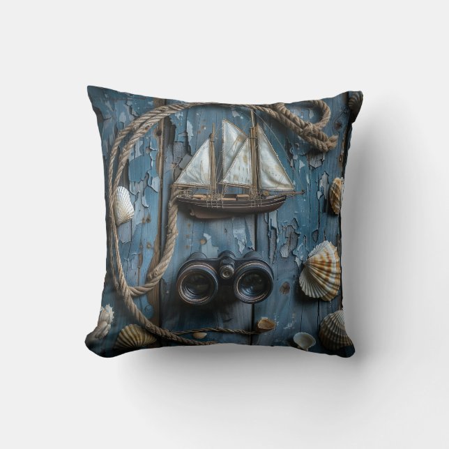 Almofada Objetos náuticos sobre fundo de madeira (Frente)
