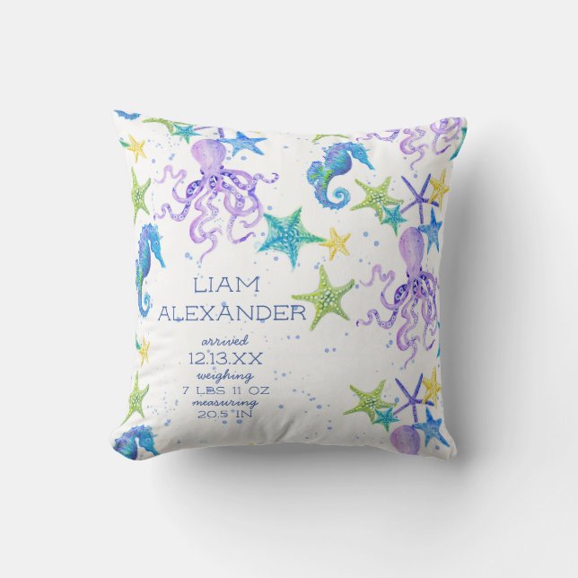 Almofada Ocean Beach Octopus Seacavalo Boy Nascimento Stat (Frente)