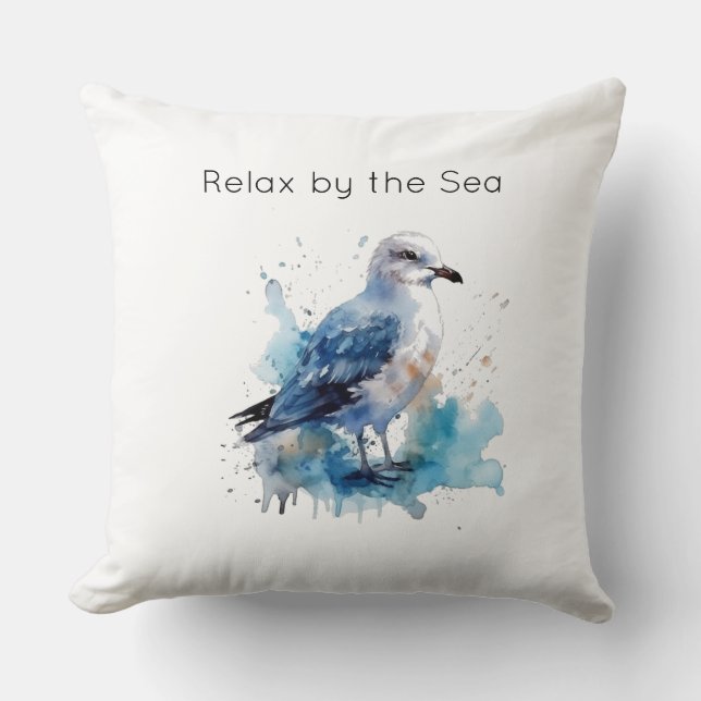 Almofada Ocean Breeze: Watercolor Seagull (Frente)