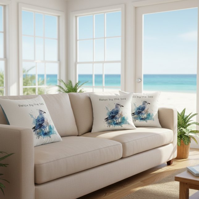 Almofada Ocean Breeze: Watercolor Seagull (Criador carregado)