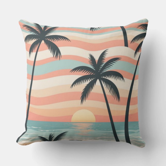 Almofada Ocean Stripes & Palms – Tropical Calm Throw Pillow (Frente)