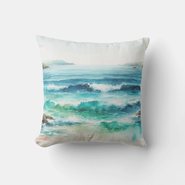 Almofada Ocean Waves Beach Watercolor Paing (Frente)