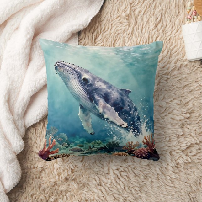 Almofada Oceanic Blue Whale Watercolor Coastal Art (Cobertor)