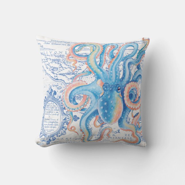 Almofada Octopus Blue Vintage Map Chic (Frente)