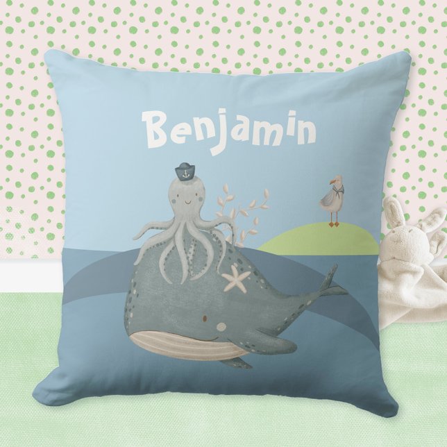 Almofada Octopus de baleia branca Seagull Crianças Nome Tra (Cute Whale Squid Seagull Kids Name Throw Pillow ©Susanne Sachers - Sunny Mind Design 🌞)