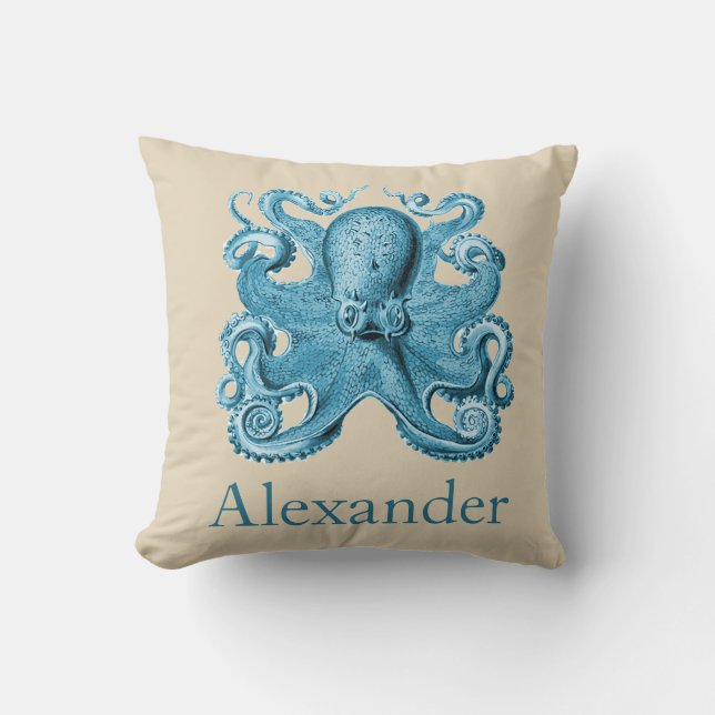 Almofada Octopus náutico personalizado em azul e latão (Frente)