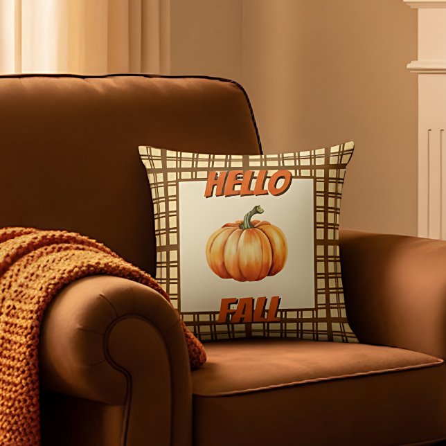 Almofada Olá Farmhouse com Pumpkin e Xadrez Des (Stylish Hello Fall Pillow)