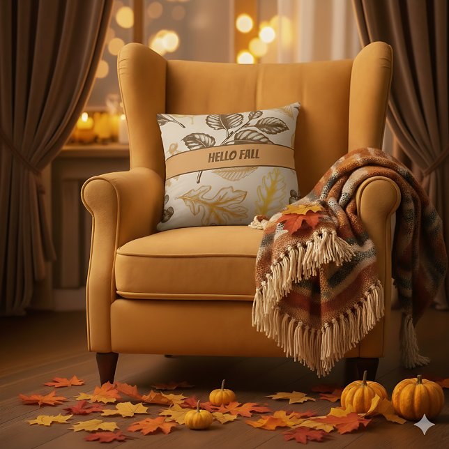 Almofada Olá, Folhas de Laranja Castanho-Queda - Outono de  (Rustic fall décor pillow featuring bold autumn leaves for farmhouse charm.)