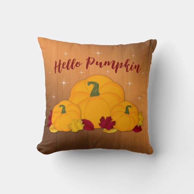 Almofada Olá Pumpkin Rustic Woodsy Pumpkins & Leaves (Frente)