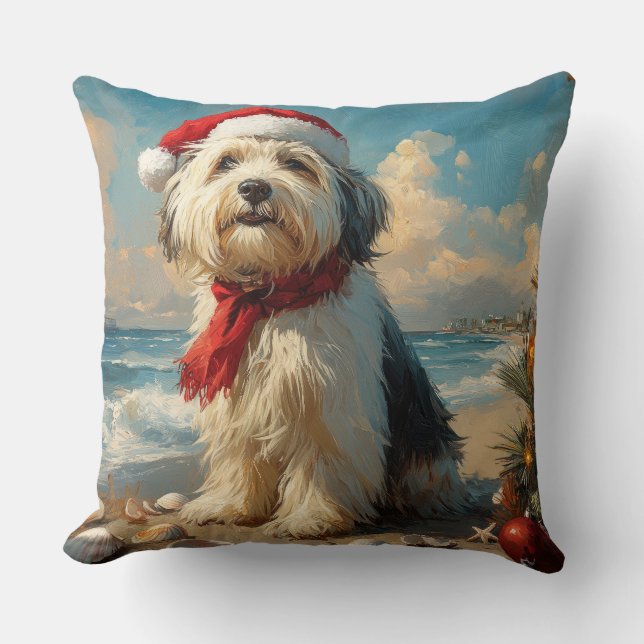 Almofada Old English Sheepdog Christmas Vintage Beach (Frente)