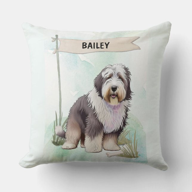 Almofada Old English Sheepdog Watercolor Personalized Dog (Frente)
