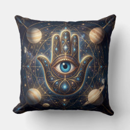 Almofada Olho Mau Hamsa Celestial Dourado Marinha Cósmica
