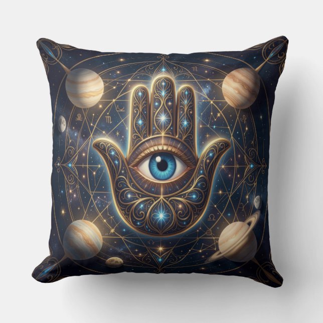 Almofada Olho Mau Hamsa Celestial Dourado Marinha Cósmica (Frente)