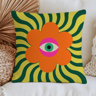 Almofada Olho Mau Rosa Flor de Margarida Laranja Onda Verde
