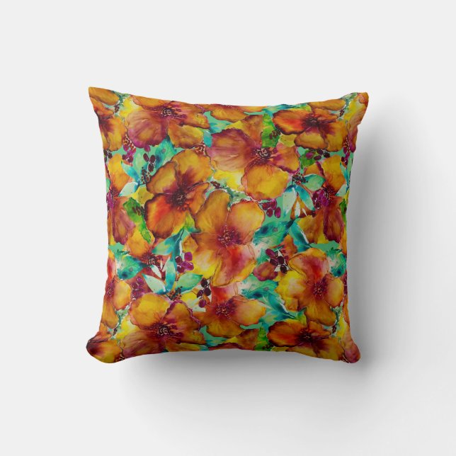 Almofada Olina Orange & Green Hibiscus Watercolor Tropical (Frente)