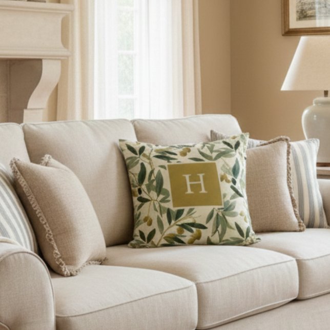 Almofada Olive Branch Monogram Initial Botanical (Criador carregado)