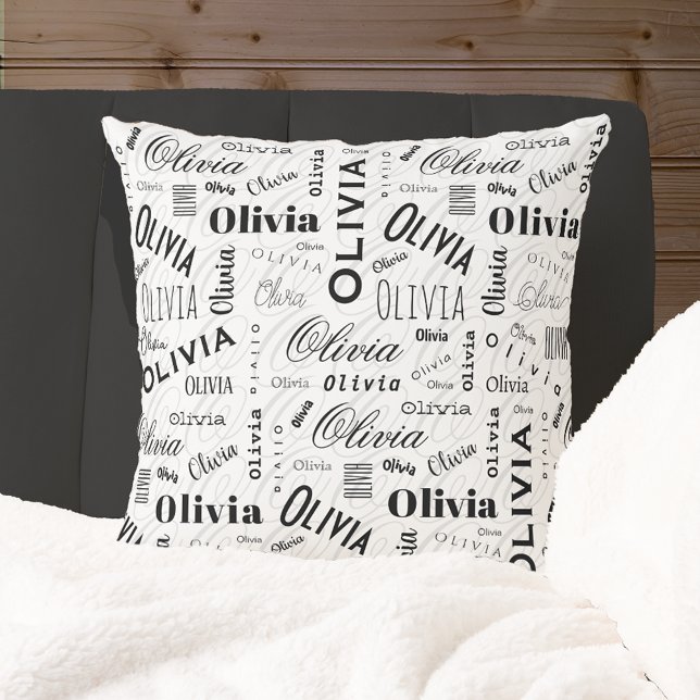 Almofada Olivia Nome Personalizado Preto Branco  (Criador carregado)