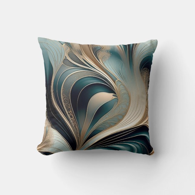 Almofada Onda Dourada - Arte Abstrata em Azul Turquesa e Do (Frente)