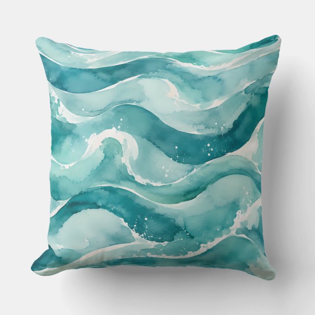 Almofada Ondas Abstratas de Oceano em Aquarela Turquesa (Frente)