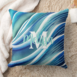 Almofada Ondas Abstrato de monograma em azul e verde