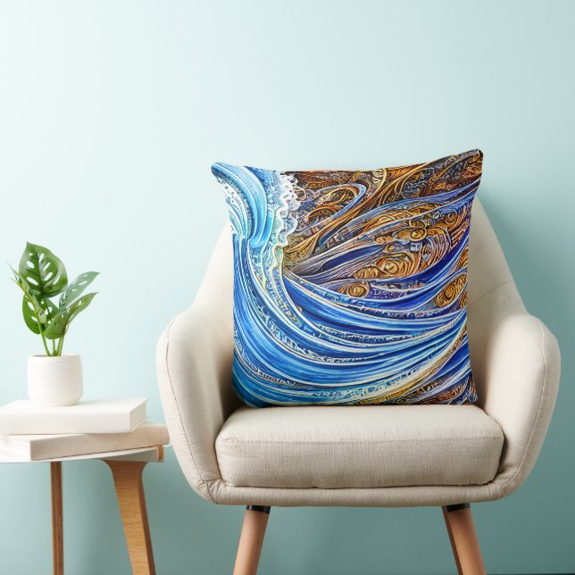 Almofada Ondas de abstrato em azul e Dourado (Cadeira)