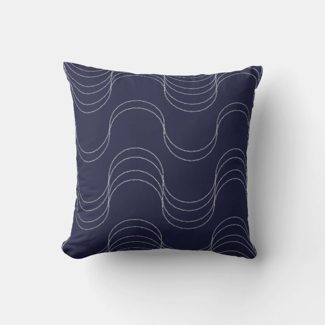 Almofada Ondas de Calmo Azul Meia-Noite Névoa Prateada (Frente)