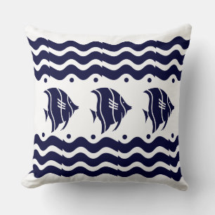 Almofada Ondas de deco de arte + peixe branco azul
