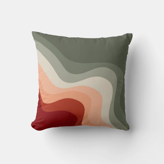 Almofada Ondas de estilo retrô verde e vermelho (Frente)