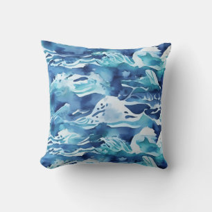 Almofada Ondas do Oceano Aquarela Azul Teal Água Azul