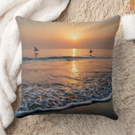 Almofada Ondas do Oceano Pôr do Sol Dourado com Pássaros