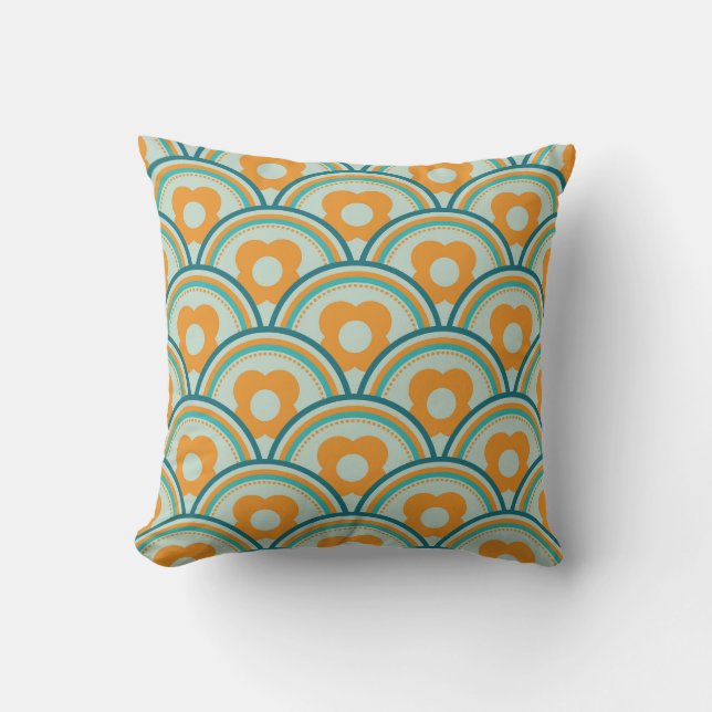 Almofada Ondas e Flores Retro Aqua, Azul Turquesa, Laranja (Frente)