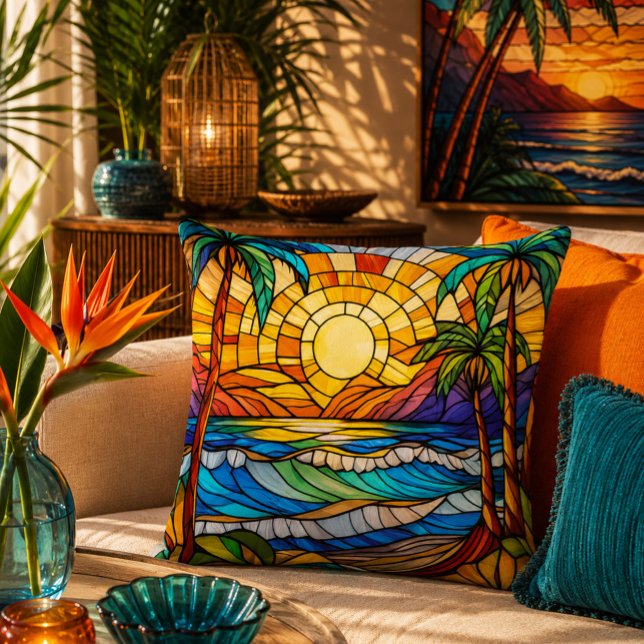 Almofada Ondas estilo vitral na praia (Criador carregado)