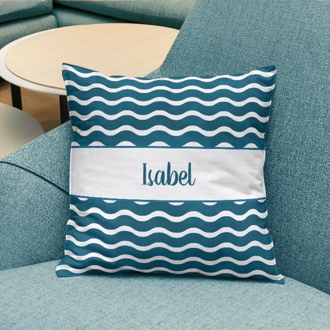 Almofada Ondas Gradiente Azul Turquesa Personalizadas Coste (Teal Blue Gradient Nautical Waves Coastal Decor Throw Pillow)