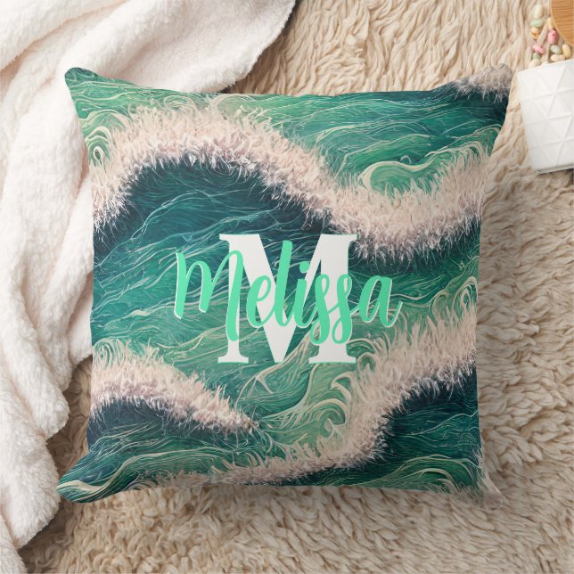 Almofada Ondas simples de oceano pastel monograma (Cobertor)