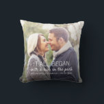 Almofada Onde tudo começou Foto de Casais personalizados<br><div class="desc">Cada casal tem uma história única sobre onde tudo começou. Esta travesseiro fotográfica com texto branco pode ser personalizada para qualquer casal,  com seus nomes,  a data de seu aniversário (primeiro encontro,  casamento,  noivado etc.),  assim como uma fotografia do casal feliz. Um verdadeiro manto único!</div>