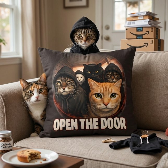 Almofada Open The Door Funny Cats in Hoodies Throw Pillow (Criador carregado)