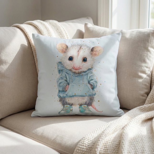 Almofada Opossum Birthday Pillow • Woodland Animal Decor (Watercolor opossum birthday pillow wearing blue hoodie on light blue background)