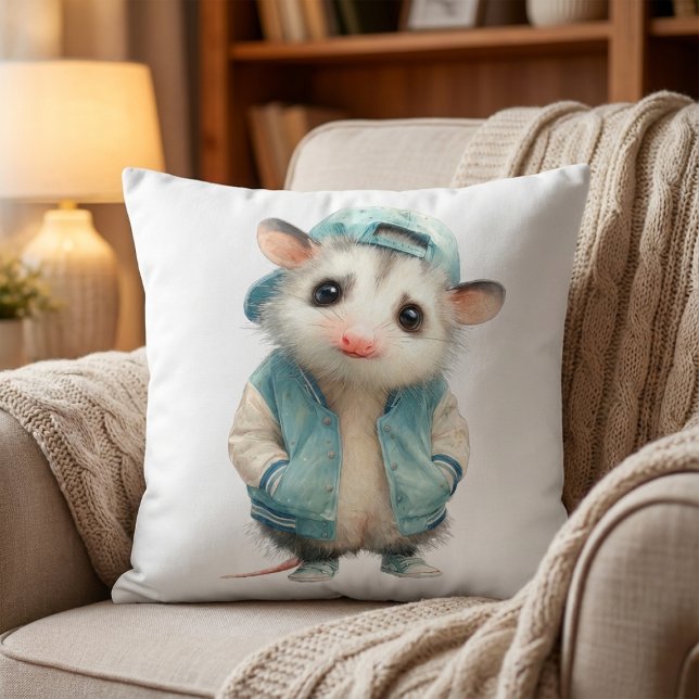 Almofada Opossum Birthday Pillow • Woodland Animal Decor (All star opossum pillow with jacket and cap on cozy nursery background)