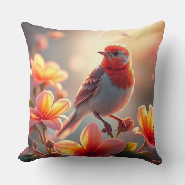 Almofada Orange Bird Floral Throw Pillow (Frente)