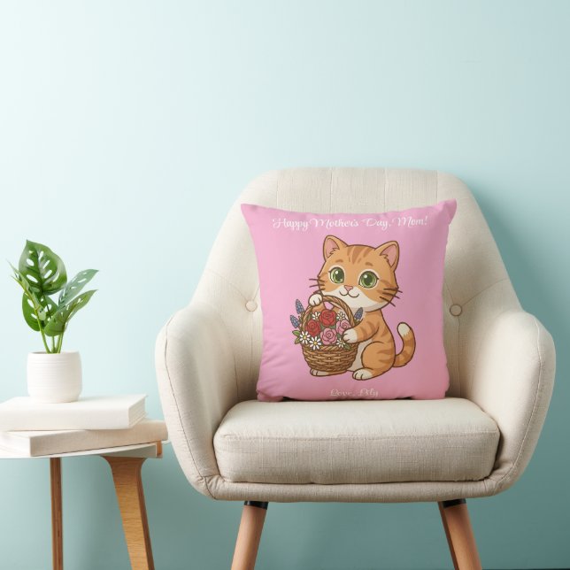 Almofada Orange Cat Flower Basket Art: Throw Pillow (Cadeira)