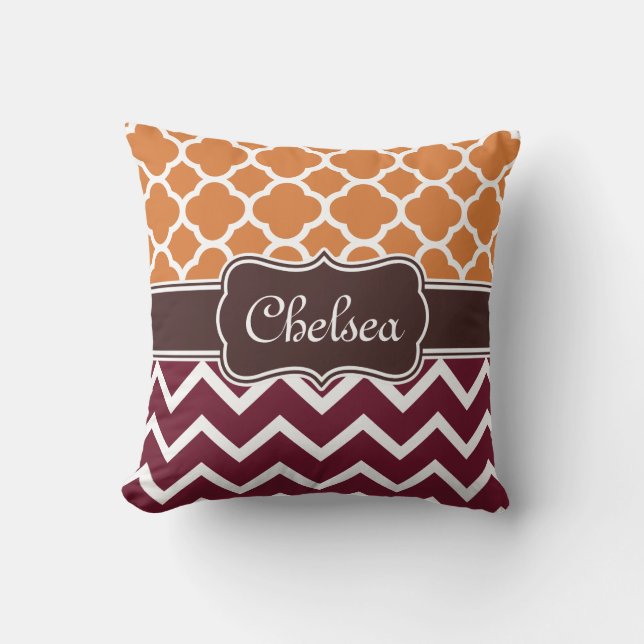Almofada Orange Lattice Maroon Chevron Padrões Brown Name (Frente)
