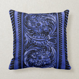 Almofada Ornamentado Faux Tool Leather Floral azul de coba