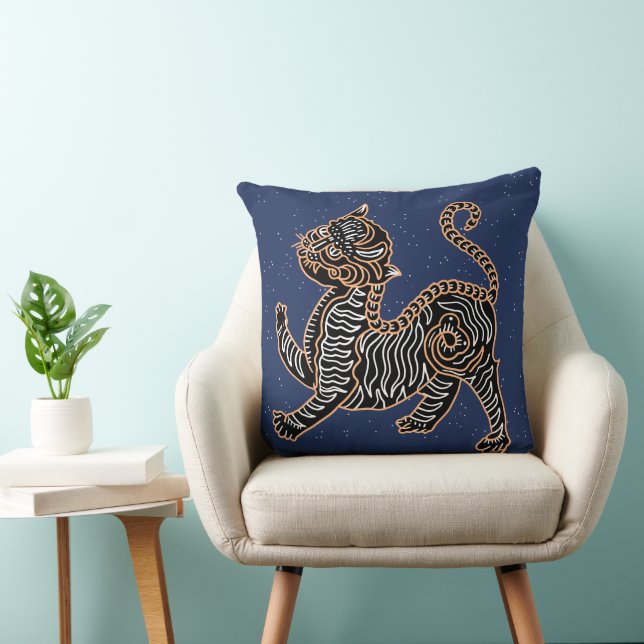 Almofada Ornamentado Tiger Night Stars Folk Art Design (Cadeira)