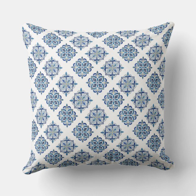 Almofada Ornamento bordado azul no branco (Verso)