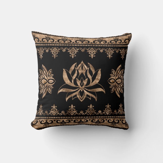 Almofada Ornamento de luxo Lotus Flower - preto e ouro (Frente)