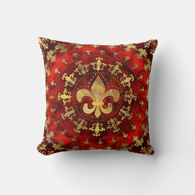 Almofada Ornamento Fleur-de-lis Marble Vermelho e Dourado (Frente)