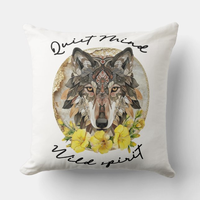 Almofada Ornate Boho Wolf with Yellow Flowers (Frente)