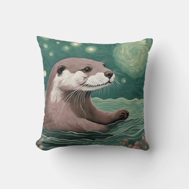 Almofada Otter em uma Sage do Oceano Noturno Estrelada e Ro (Frente)