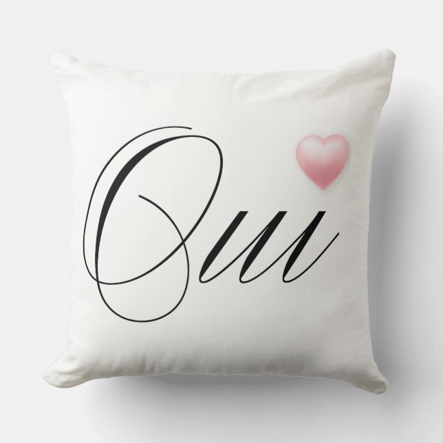 Almofada Oui francês para Sim com coração cor-de-rosa (Frente)