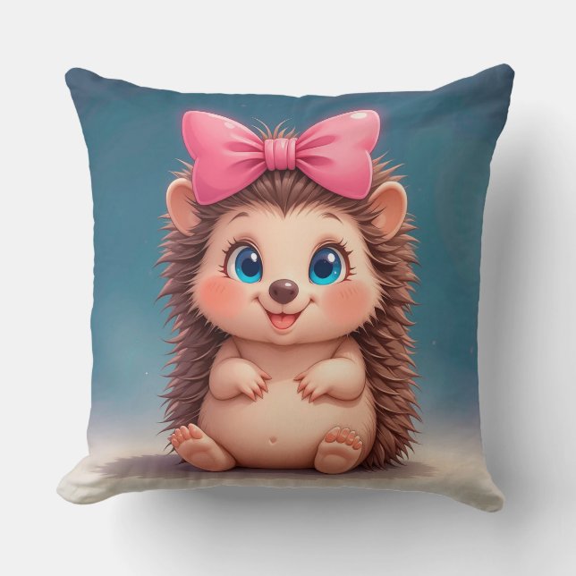 Almofada ouriço de desenho animado fofo com laço rosa (Frente)